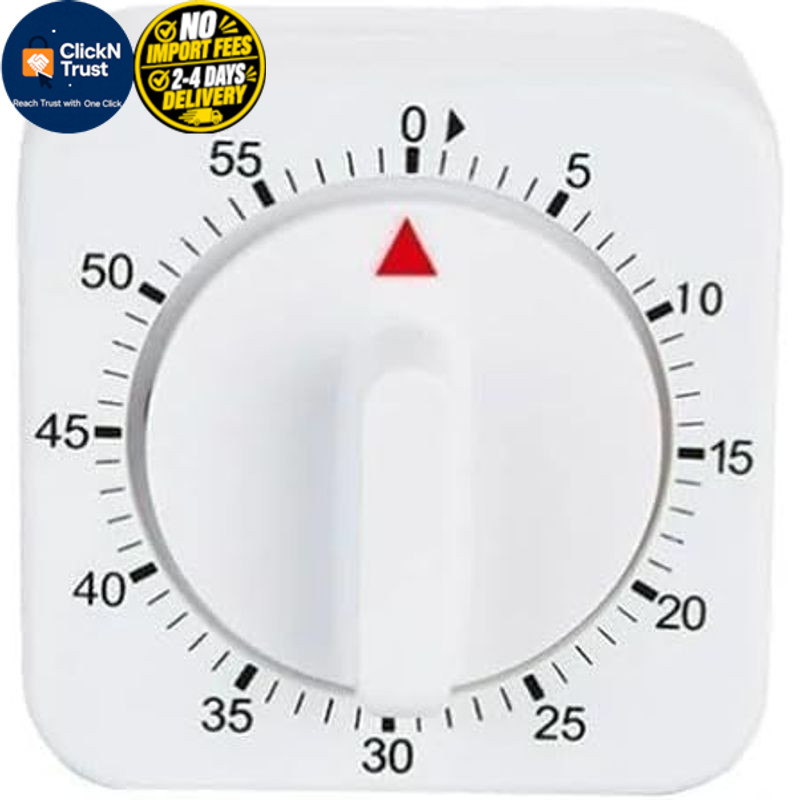 White Square Timer Clock 60-Minute Mechanical Kitchen Wind up