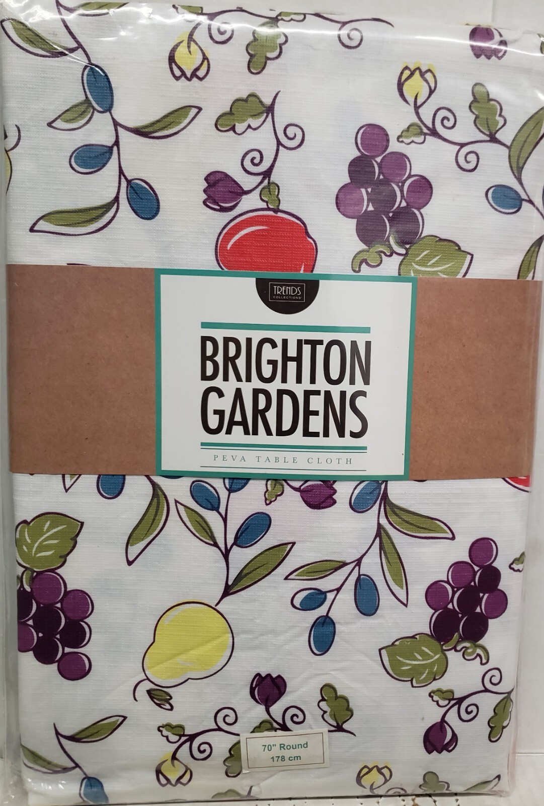 Peva Vinyl Kitchen Tablecloth 70″ ROUND , MULTICOLOR FRUITS, BRIGHTON GARDENS,LL