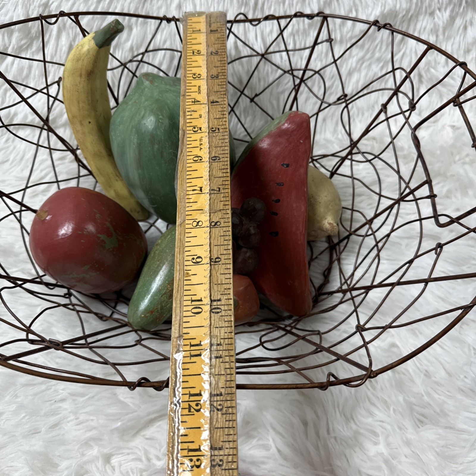 Vintage Hand Painted Composition Fruit Set 8pc Rustic Wire Basket Farmhouse