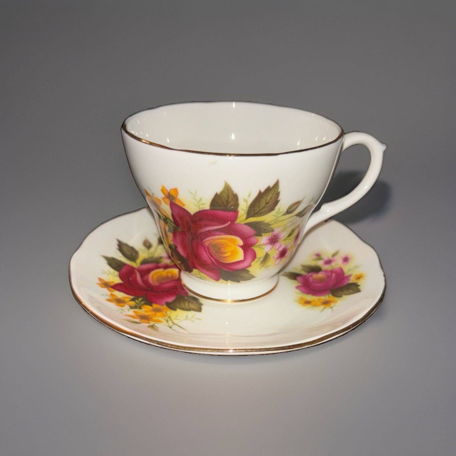 Duchess Bone China Yellow Pink Rose Tea Cup & Saucer England Floral Vintage