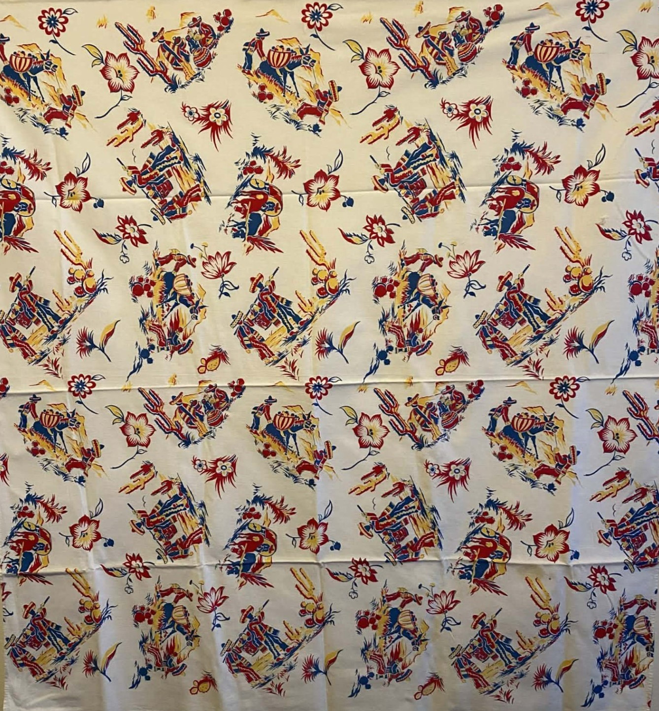 Vintage Mexican Tablecloth Cactus Men in Serapes Burros 44″ x 47″ Cinco de Mayo