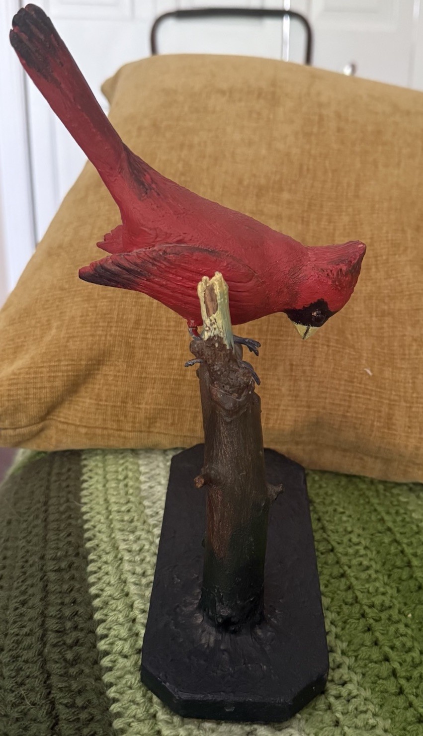 Wood Hand Carved And Painted Wooden Cardigan Bird Figure One Branch With Base