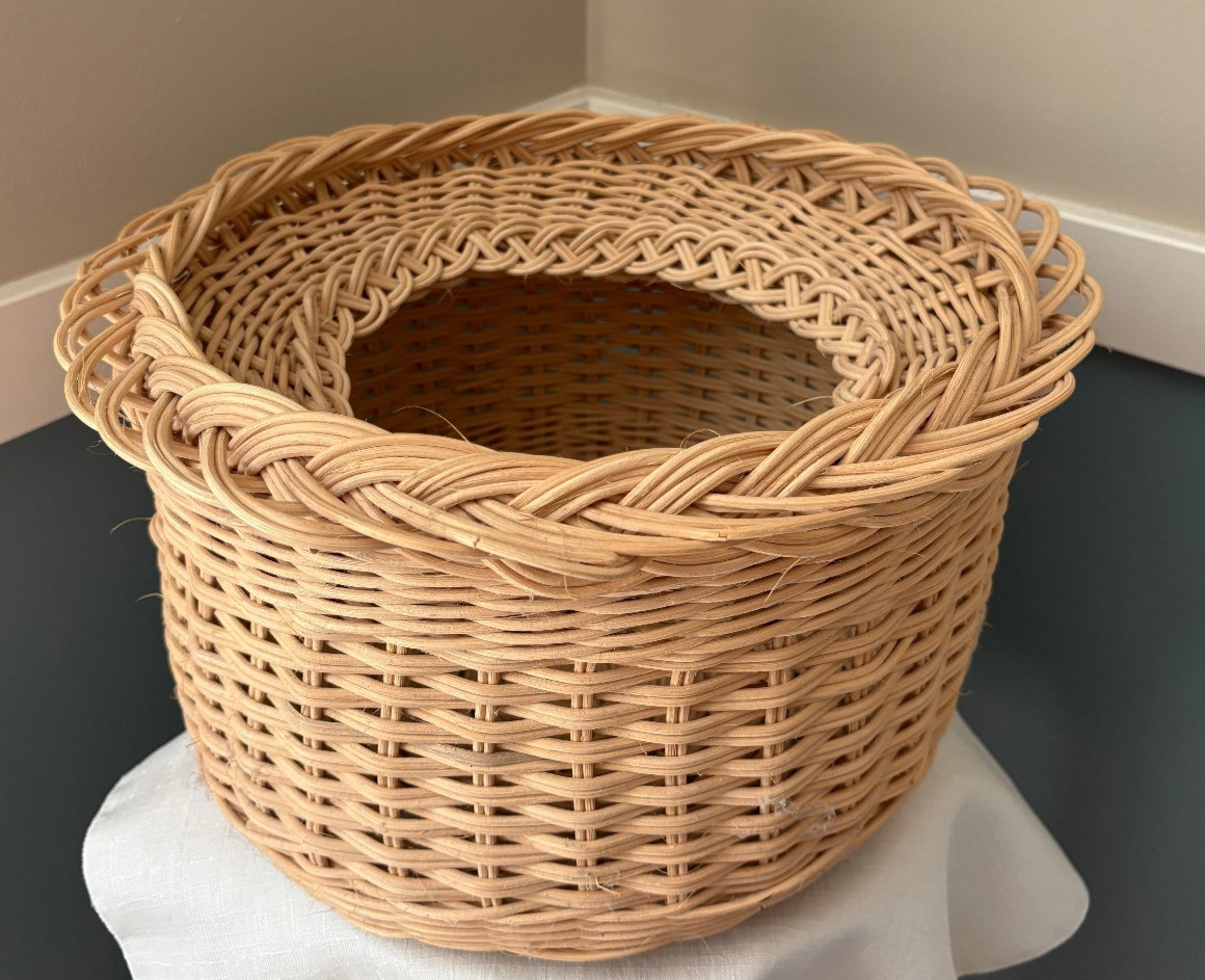 Large 13″ Diameter Hand Crafted Woven Wicker Yarn or Storage Organizer Basket