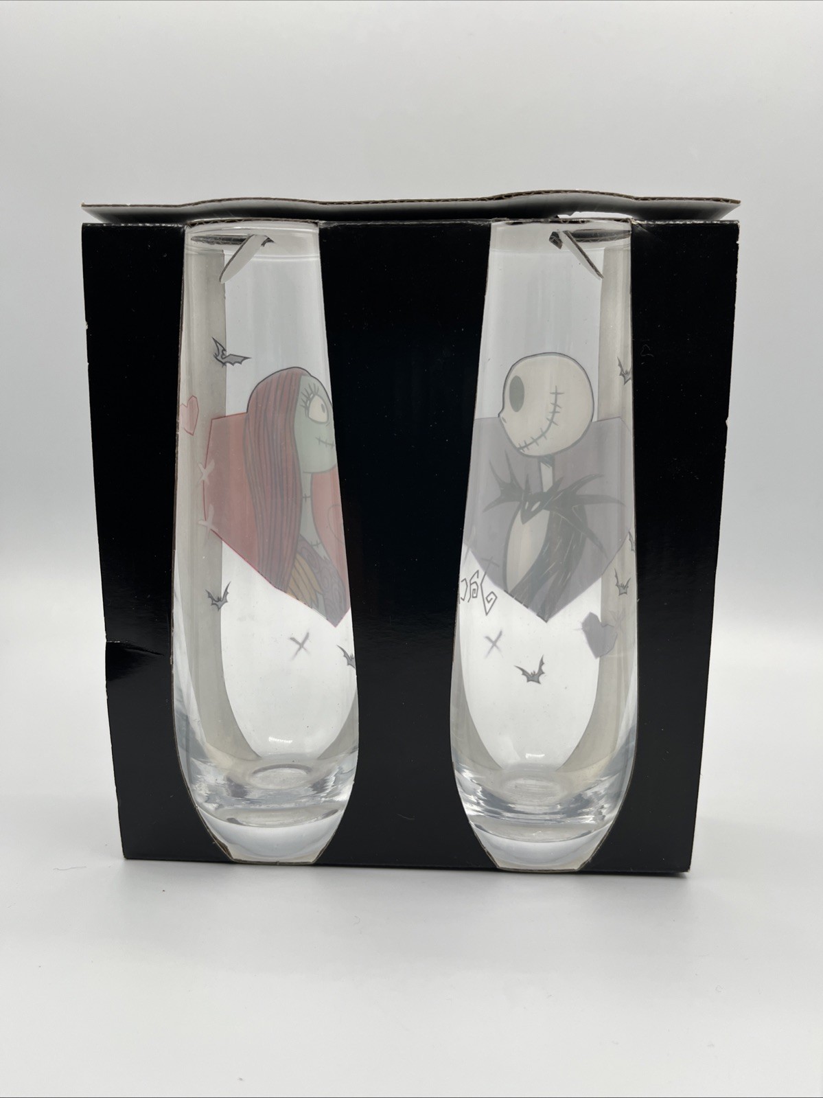 2 Oblong Glasses Nightmare Before Christmas Jack and Sally Barware 9 oz New In B