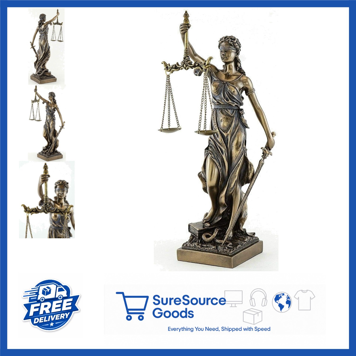 Greek Roman Goddess of Justice Statue Sculpture in Bronze 13″ Tall Decoration