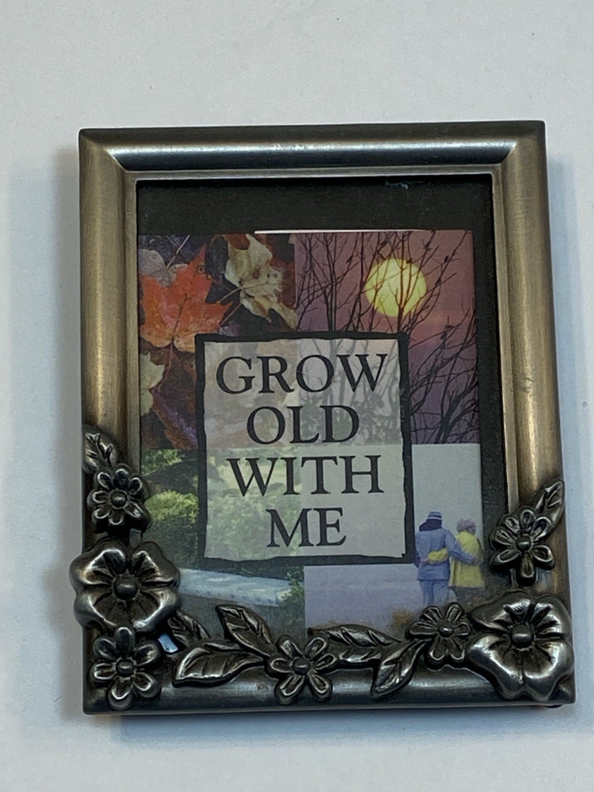 Frame Photo Picture Holder 2×3″ Wallet Silver Metal Flowers Grow Old with Me Ad