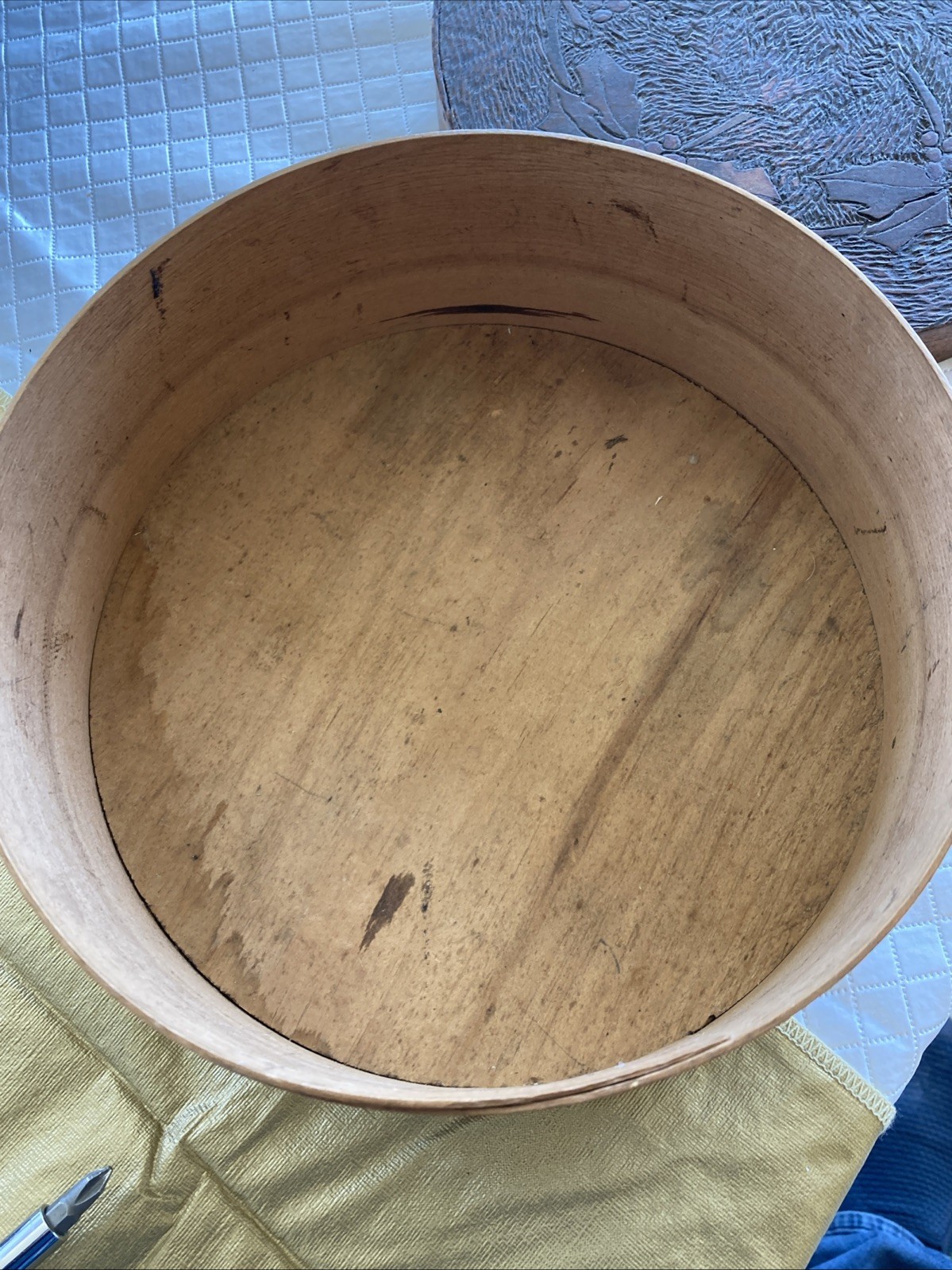 Antique Folk Art Floral Pattern Pyrography Round Pantry Box Estate Find