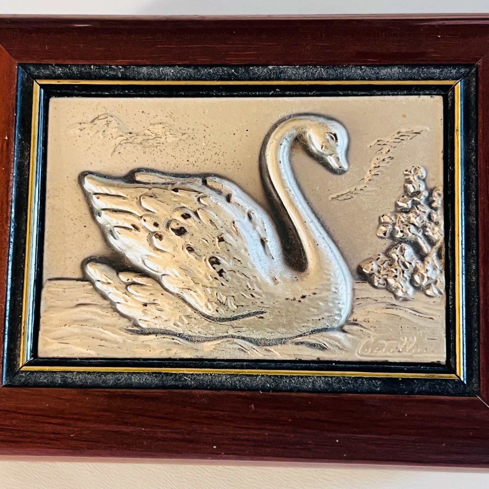 CASTELLANI Swan Signed Sterling Silver Trinket Box 925 Italian Vintage Wood