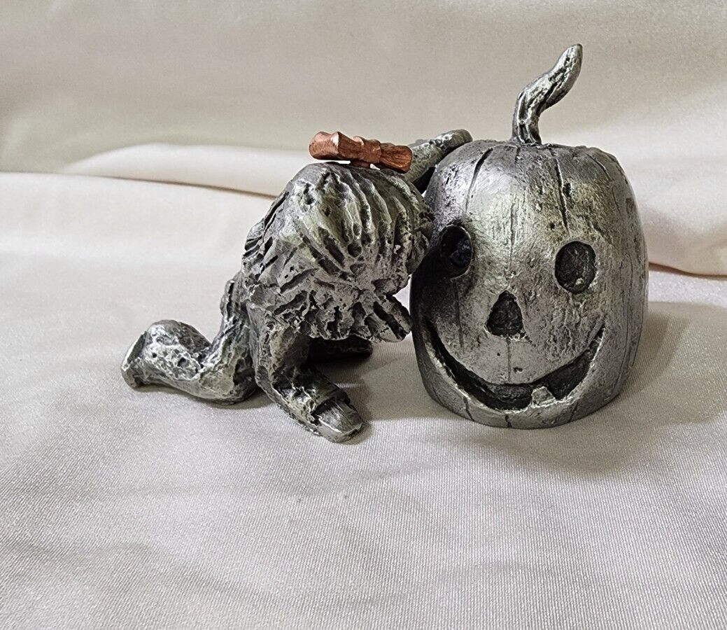 Hudson Walli Pewter Girl with Pumpkin Pewter Figurine Bow On Her Head