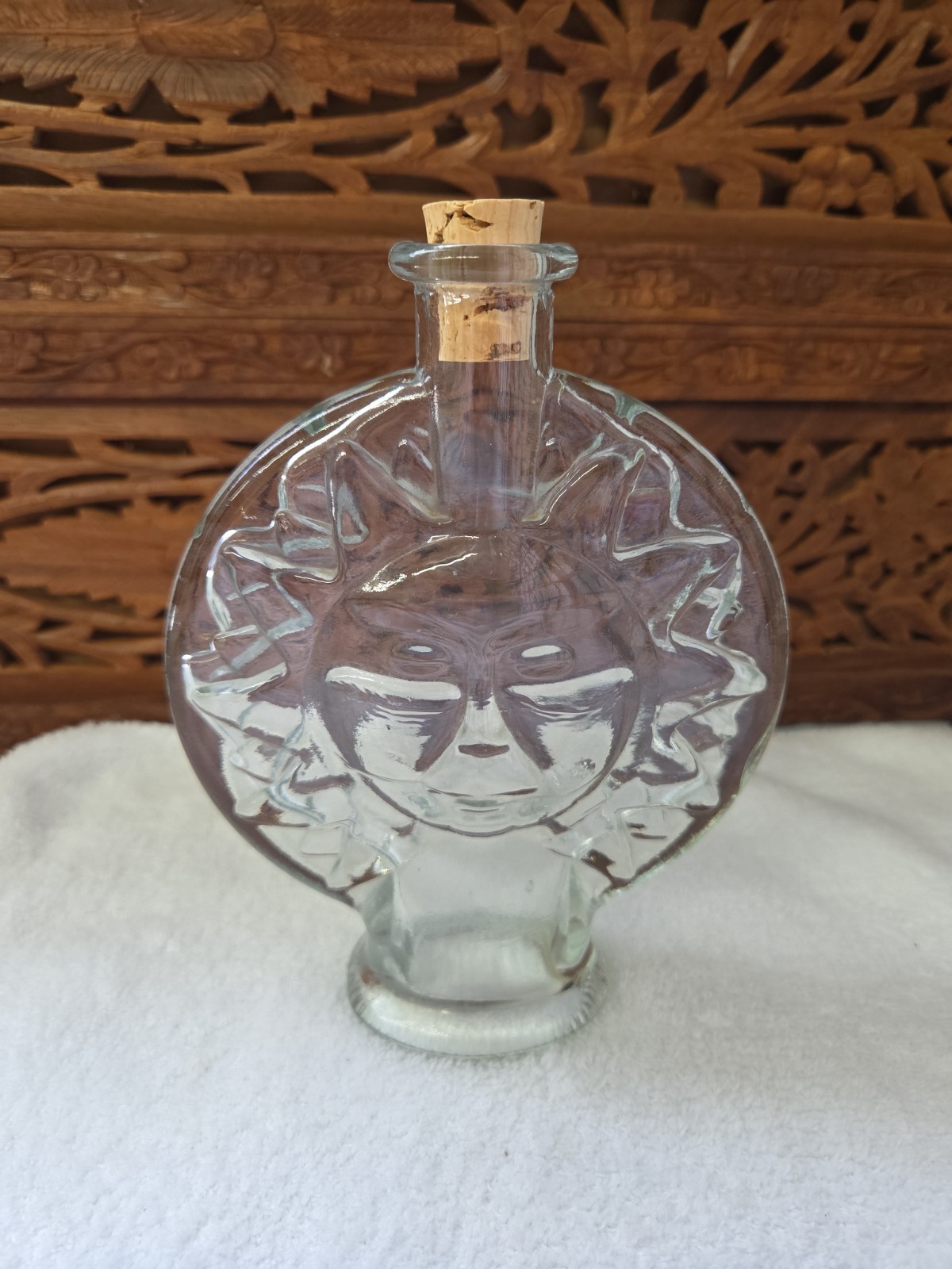 Vintage Clear Glass Sun Face Bottle With Cork Holds 4 Fluid Ounces 7 X 5