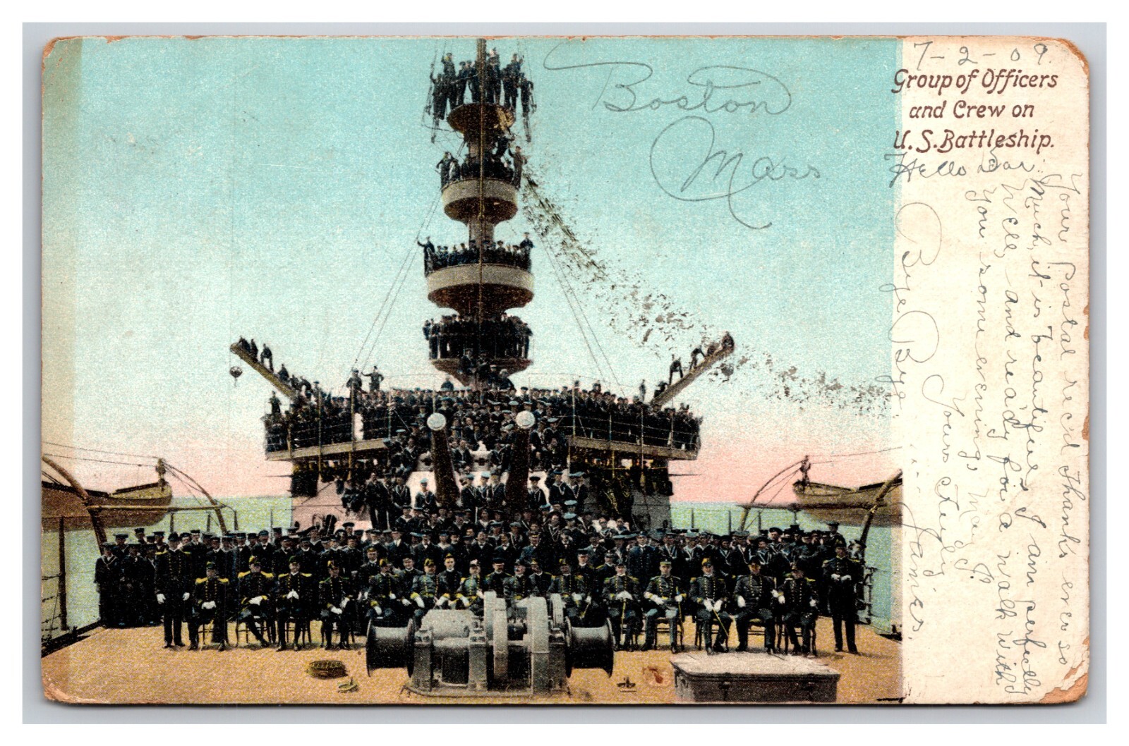 Officers and Crew on US Battleship UDB Postcard Q29