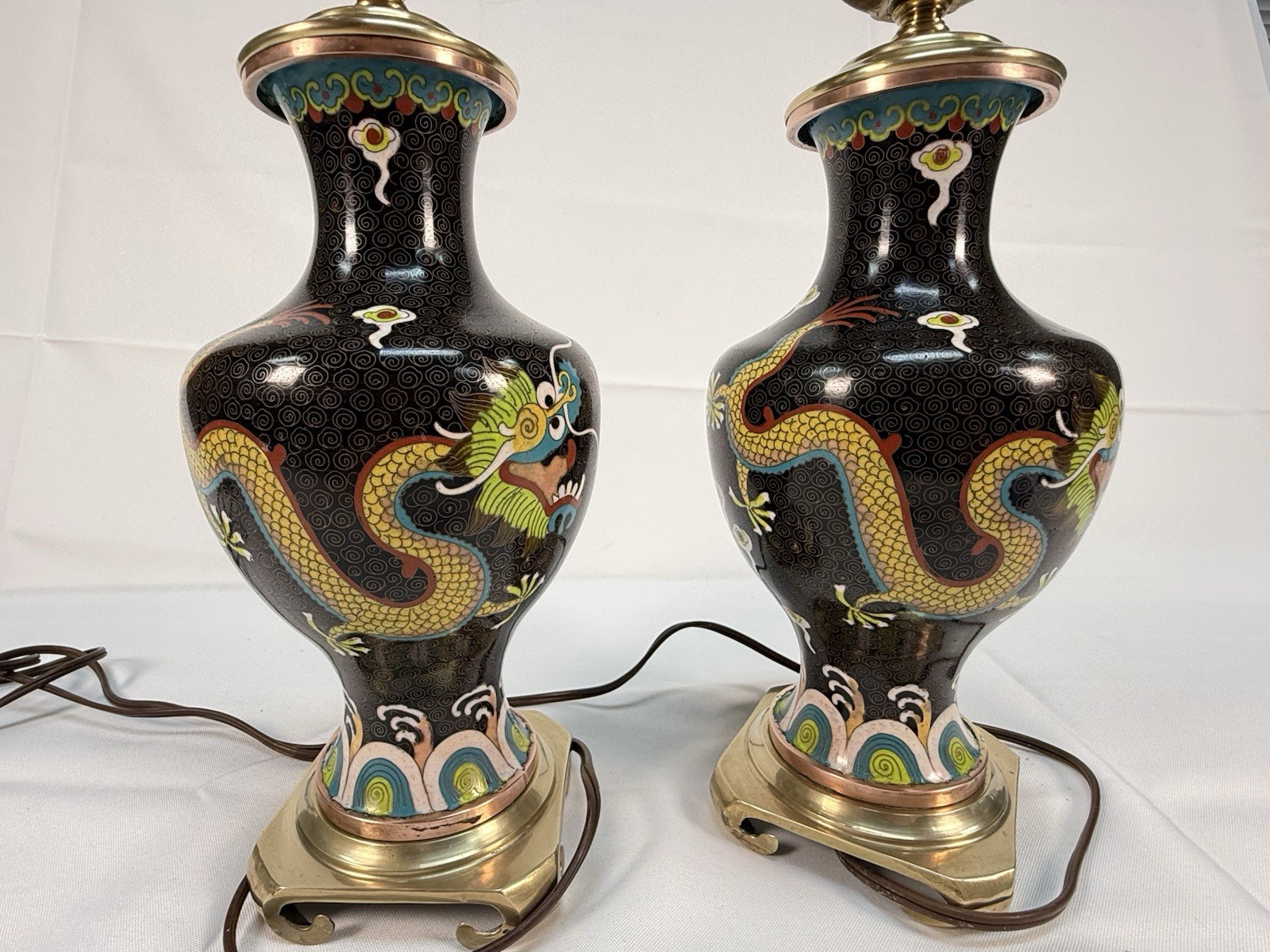 Pair VTG Chinese Cloisonné Dragon Lamps Black Enamel Imperial 5 Claw Brass 20″