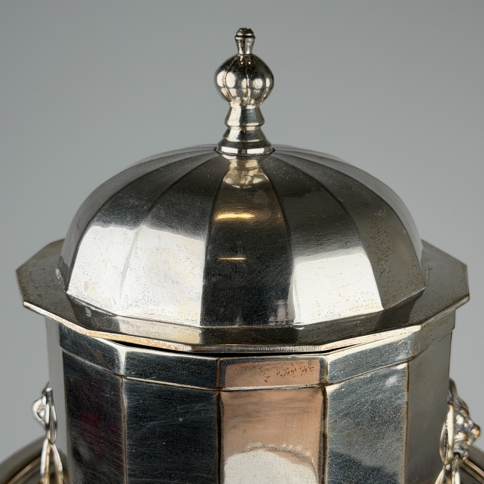 Neo-Classical Silver Plated Decagonal Butter Tub Biscuit Box Lion Mask Handles