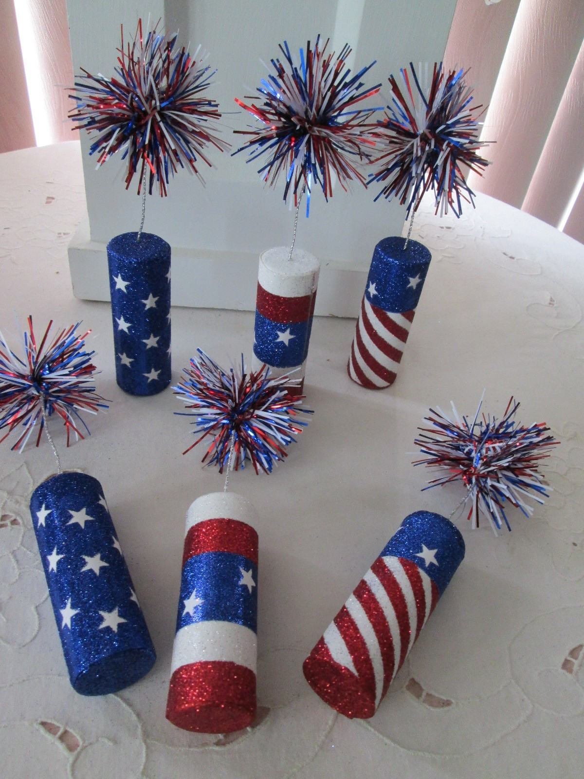 6 pc- 7″ Patriotic Red White & Blue Glitter Firecracker Table Decor -4th of July