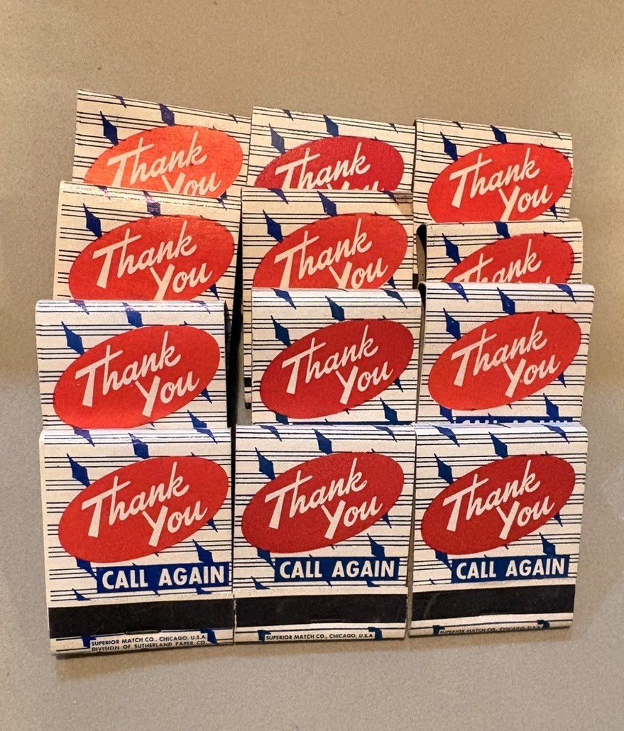 Vintage Thank You Matchbook Lot- 12pc Hospitality Call Again