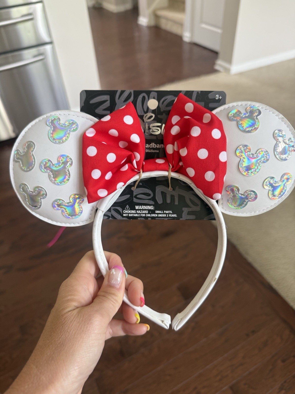 Disney Minnie Mouse Ears Headband White Holographic Icons Red Polka Dot Bow