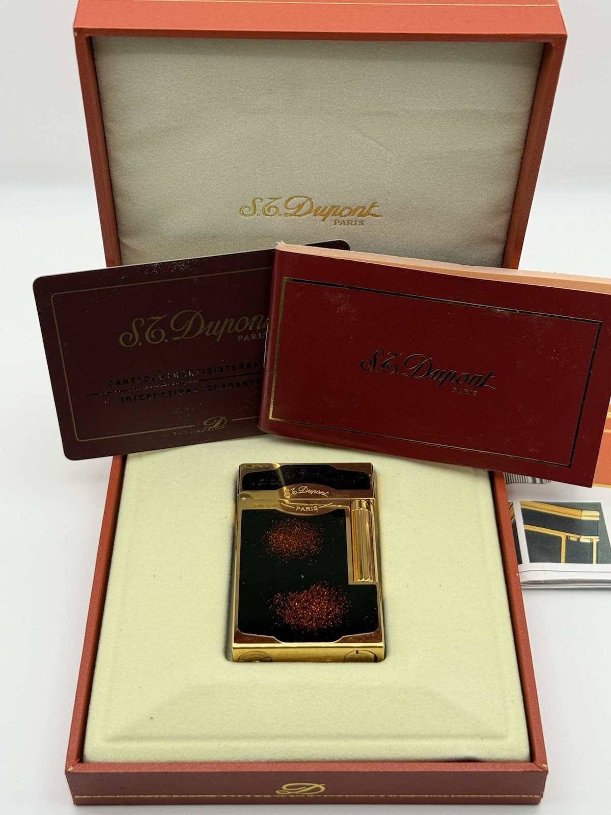 Vintage 1990s S.T. Dupont Ligne 2 Lighter Gold Lacquer de Chine w/ Box Papers