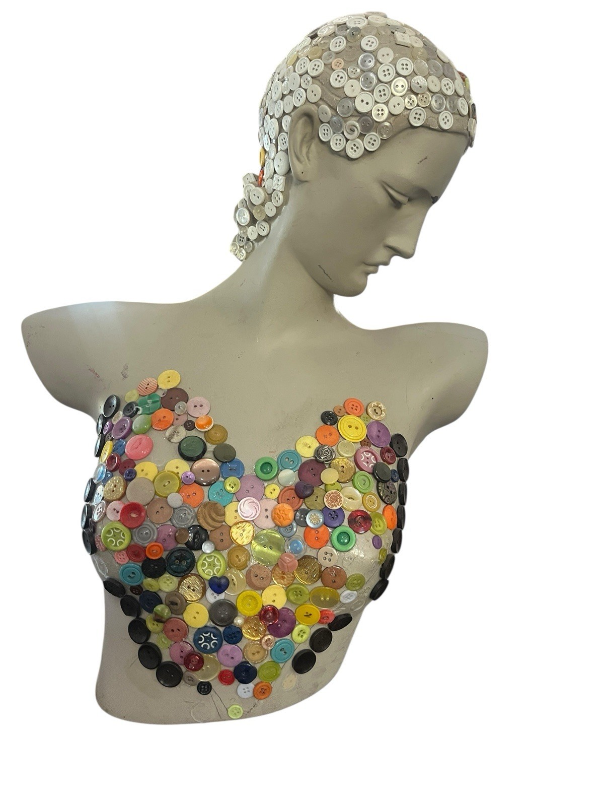 Unfinished Button Mosaic Bust Sculpture-DYI Mixed Media Art Project-Large 21’’
