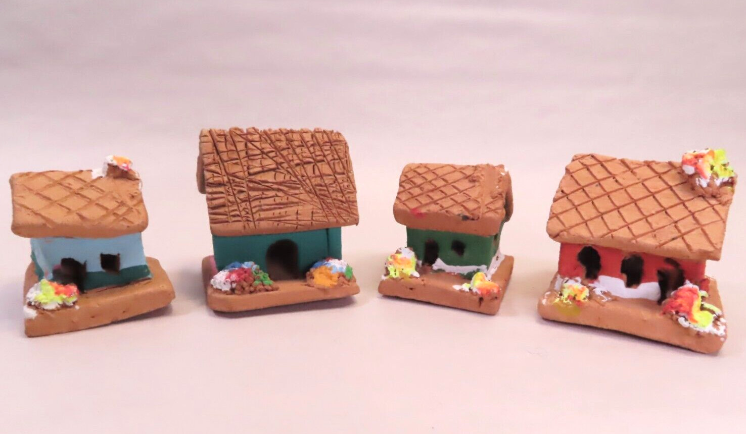 (4) Miniature Vintage Handcrafted Painted Terra Cota Clay House Folk Art Decor