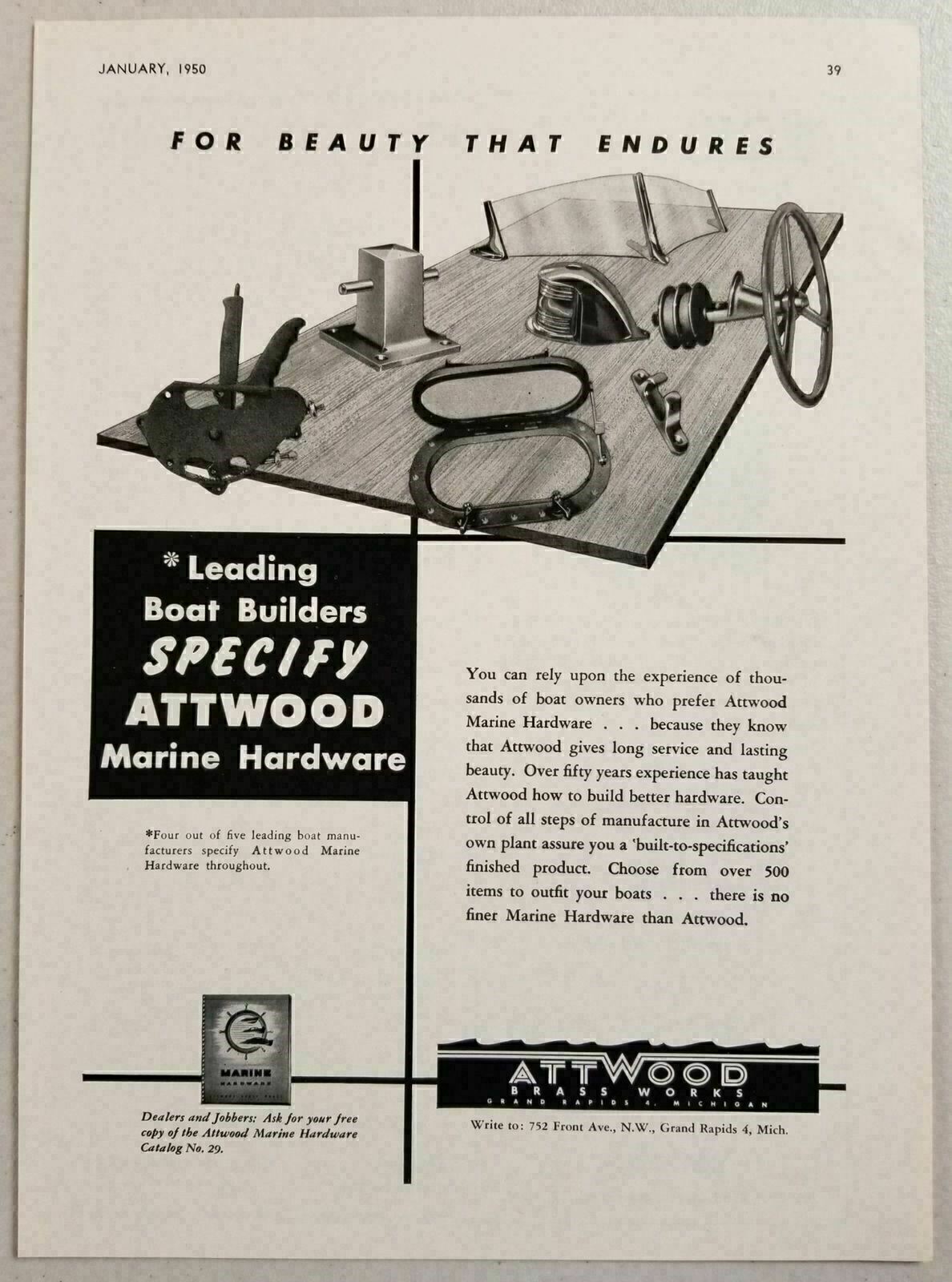 1950 Print Ad Attwood Brass Works Marine Hardware Grand Rapids,MI