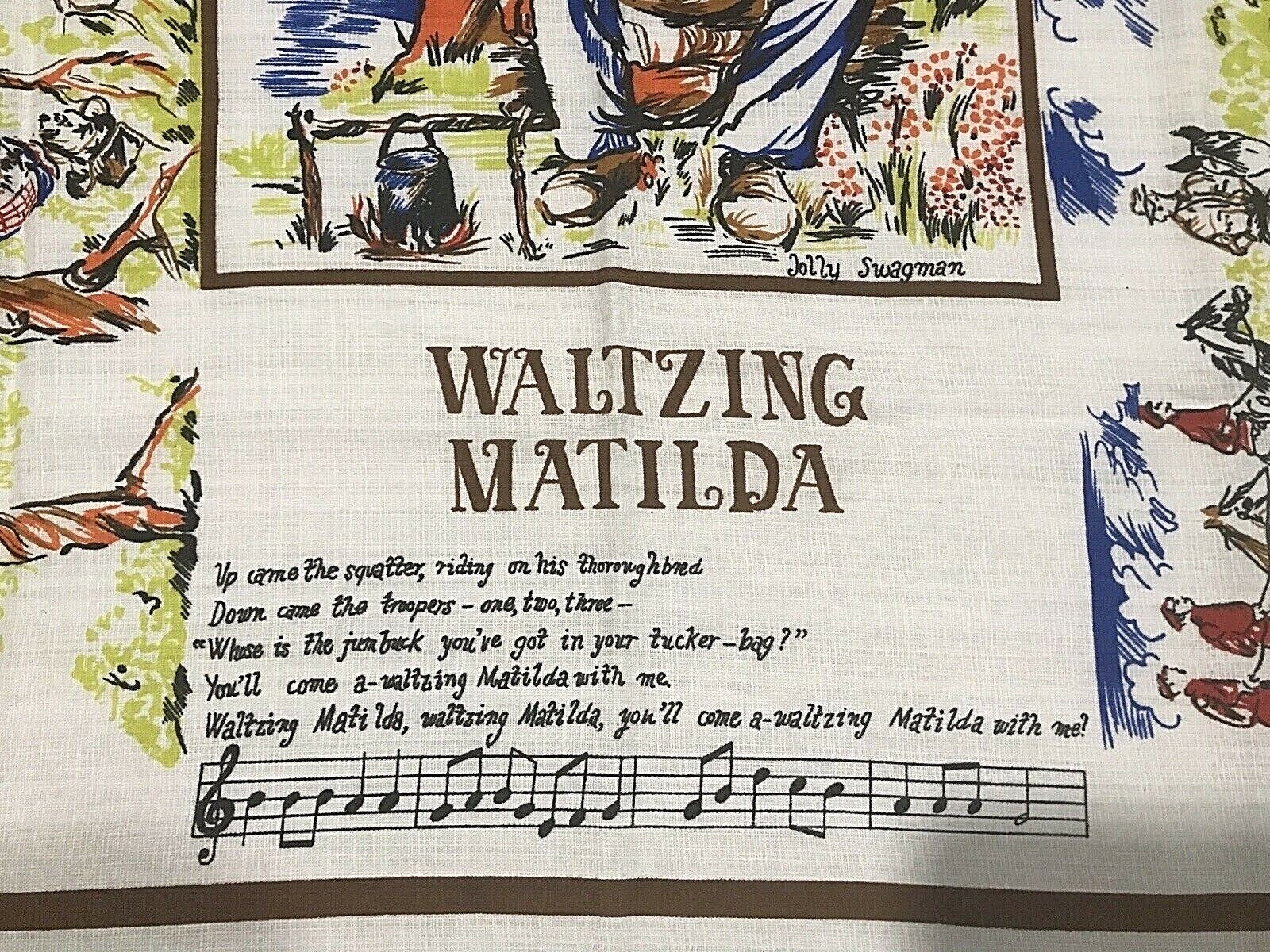 Waltzing Matilda Large 36″ x 36″ Tablecloth Wall Hanging Decor Linen Vintage EUC