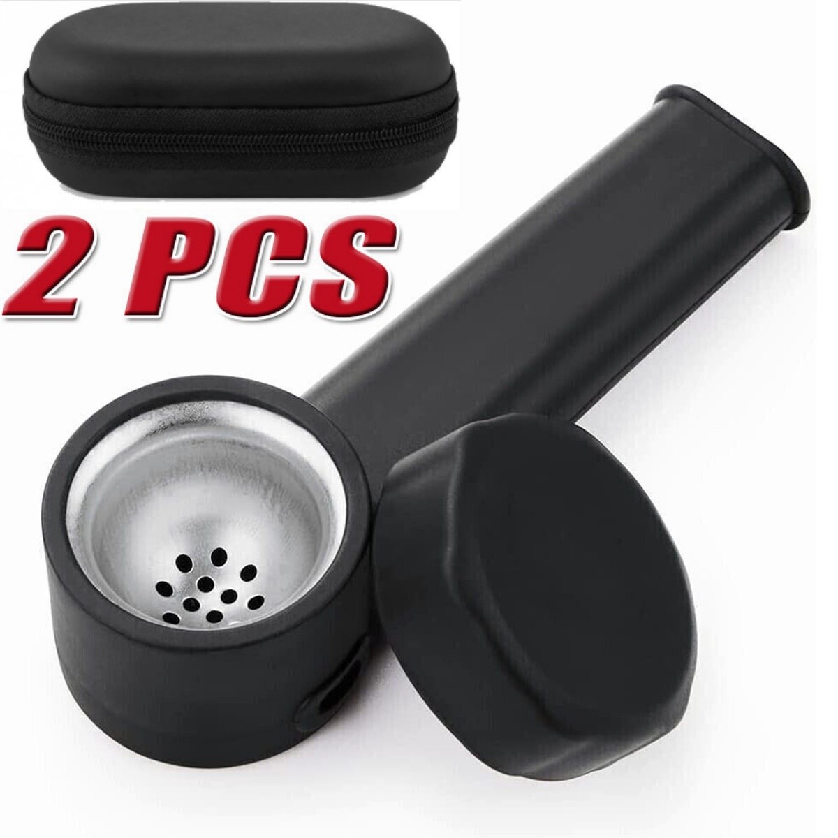 2-Pack Black Silicone Smoking Pipes – 4″ with Lid & Stainless Steel Screen