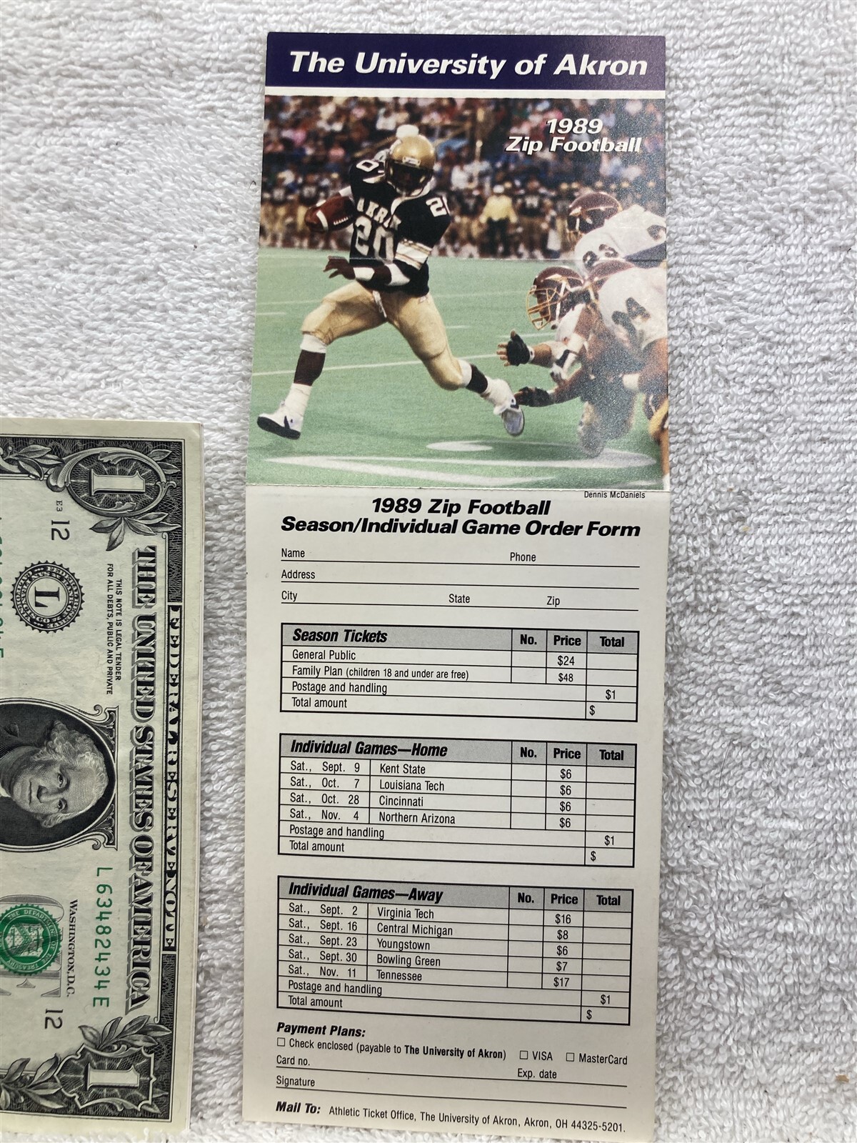 1989 University of Akron Zip Football Ticket Information Mailer Ohio Vtg