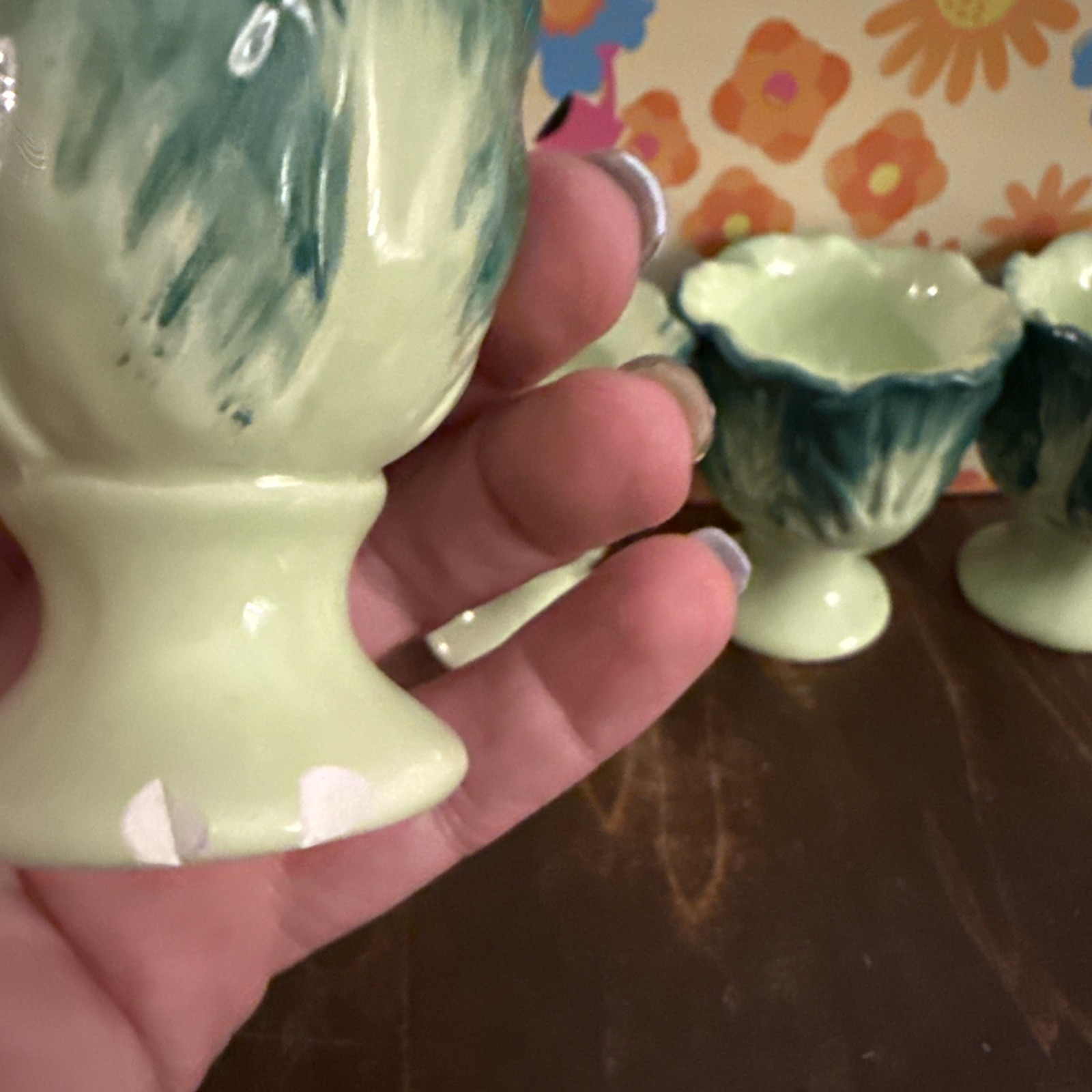 Vintage Ceramic Egg Cups 4 Anthropomorphic 1930’s 1950’s cabbage core