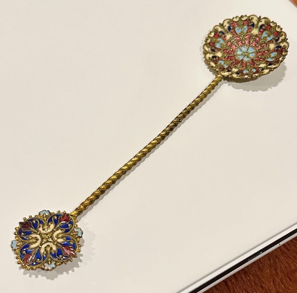 Antique French Champlevé Enamel Gilt Brass Spoon with Twisted Handle 6.85”