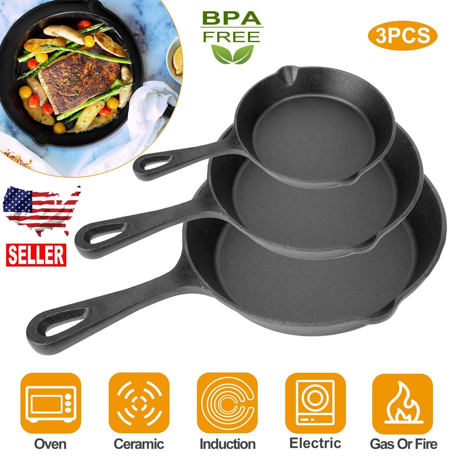 3Pcs Pre-Seasoned Cast Iron Skillet Set 6″ 8″ 10″ Oven Safe Frying Pan