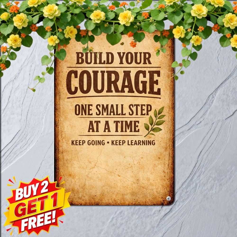 Aged Parchment Background Bold Serif Font Historical Slogan Metal Wall Tin Sign