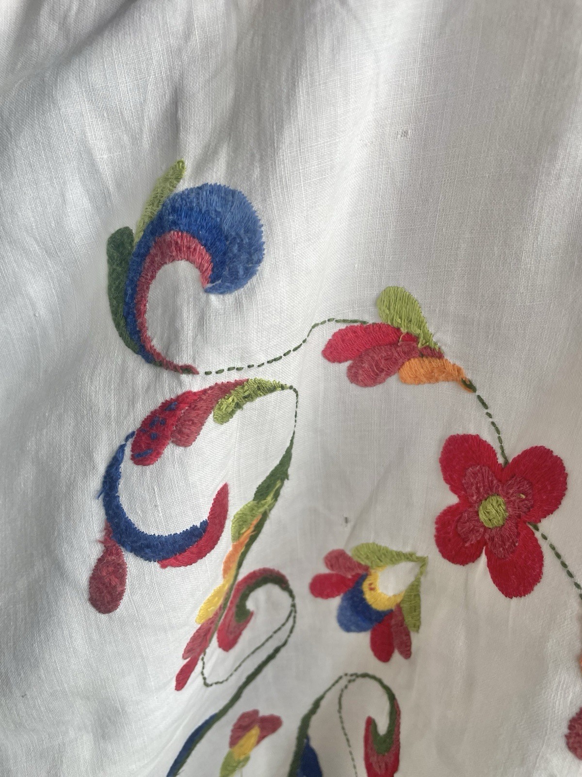 Vintage Embroidered Multicolor Tablecloth White Floral Scrolls 58×45 Flaw