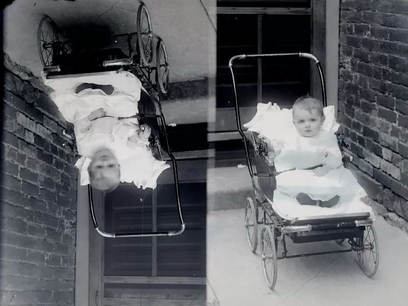 6.5×8.5 Glass Negative Baby In Stroller Buggy Carriage Dual Photo Circa 1900