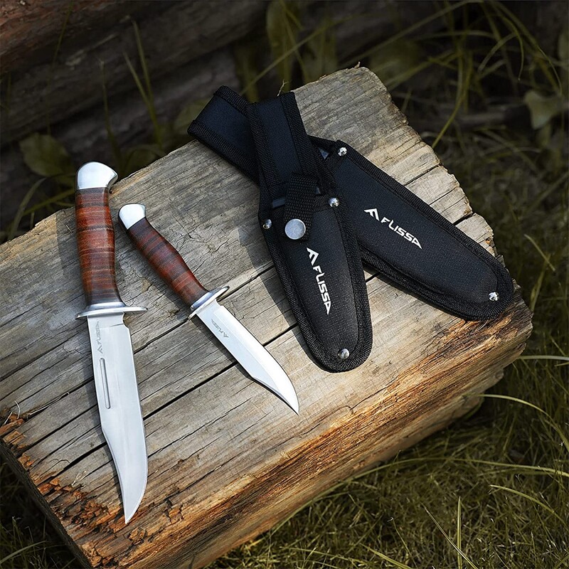 Flissa 2PC Fixed Blade Bowie Knife Full Tang Hunting Knife Leather Handle Sheath