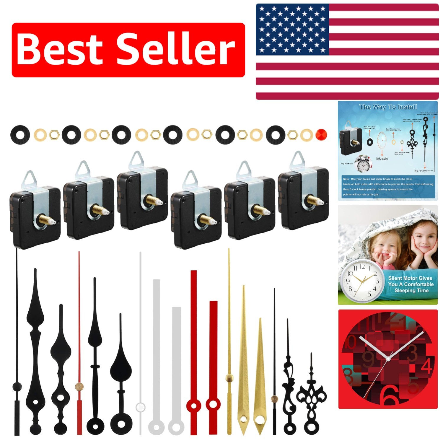 Battery-Operated Clock Movement Replacement Kit, 20mm Shaft, 6 Hands Included