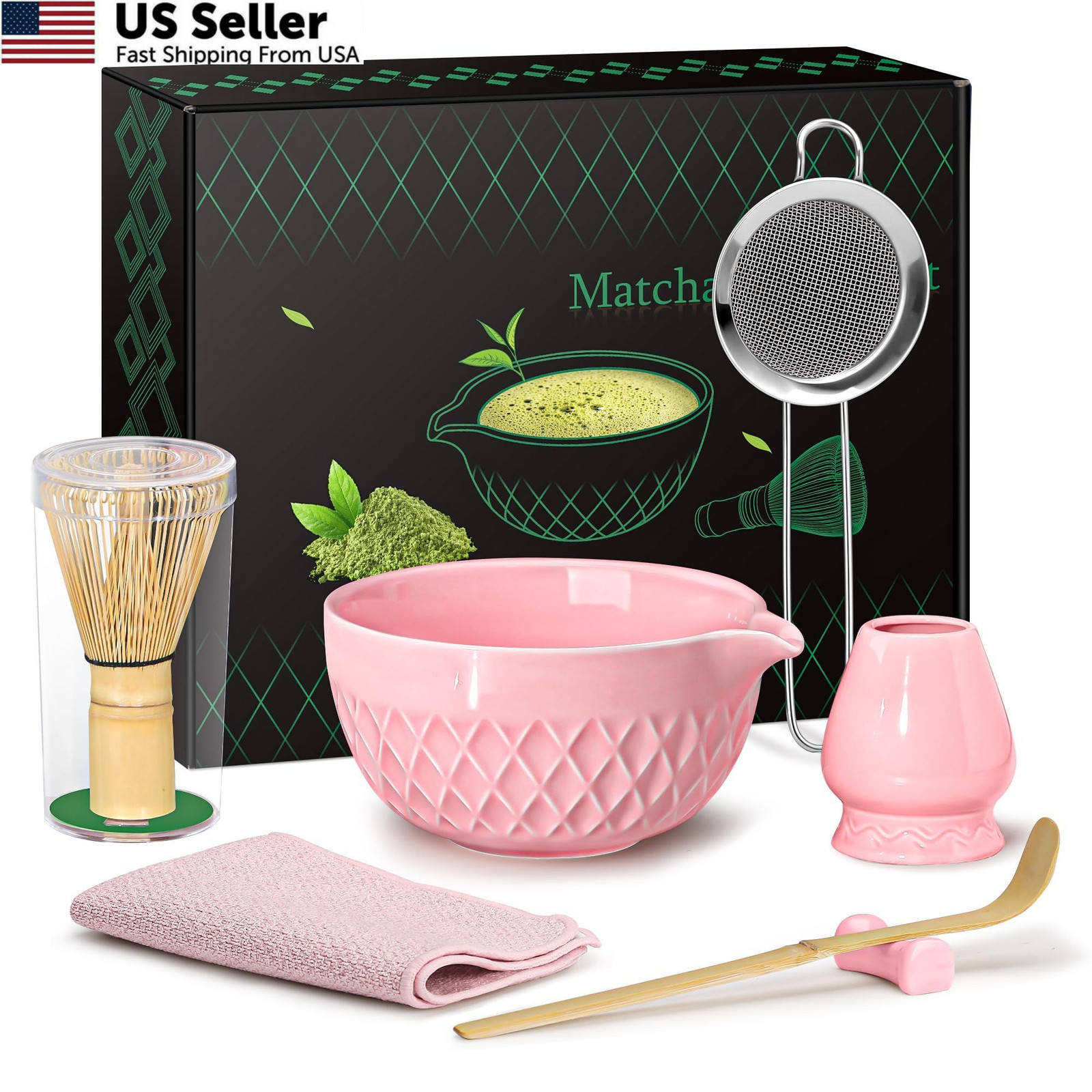 Doasuwish Matcha Whisk Set, 7 Pcs Ceramic Kit, one size, Cherry Blossom Pink