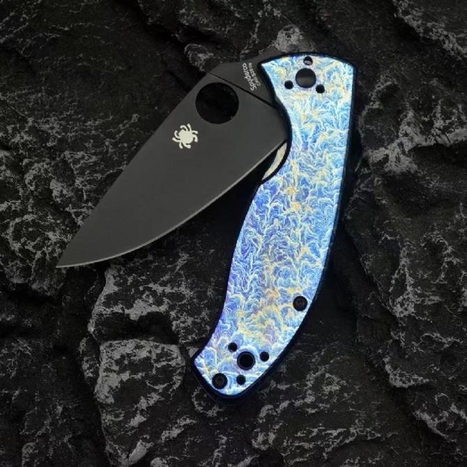 C122 Anodized Custom Blue Titanium Handle Frame Lock Spear Blade Pocket Knife