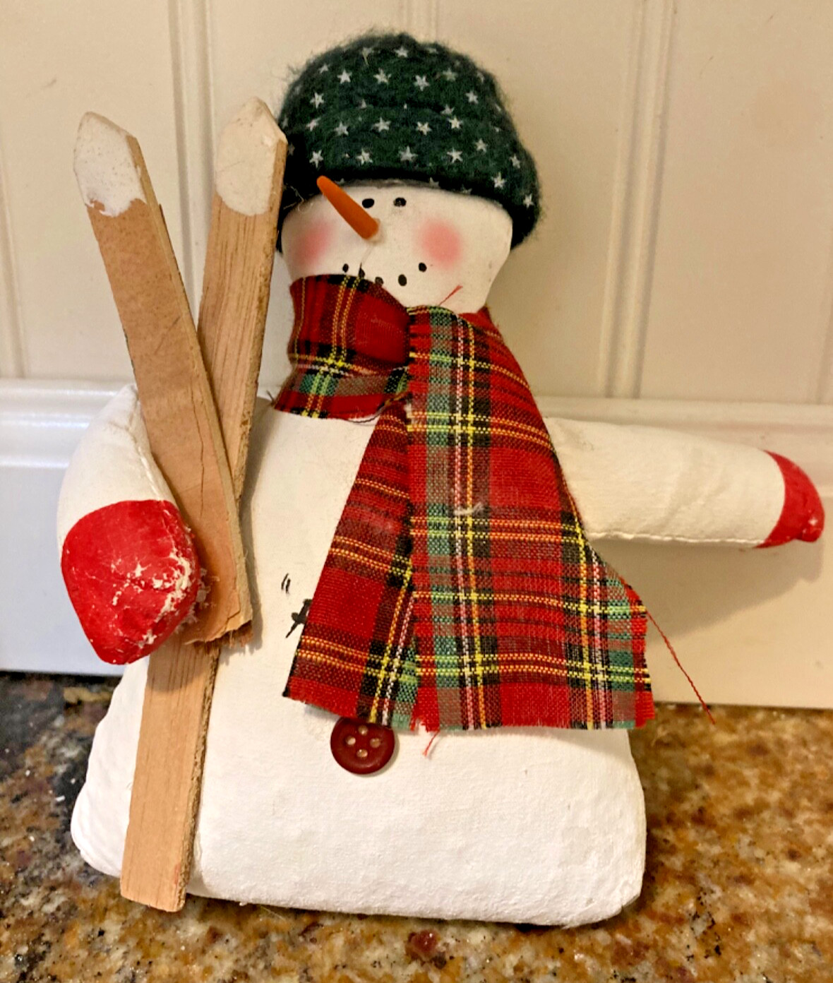 Painted Frosty Snowman Figure With Skis 6.25”