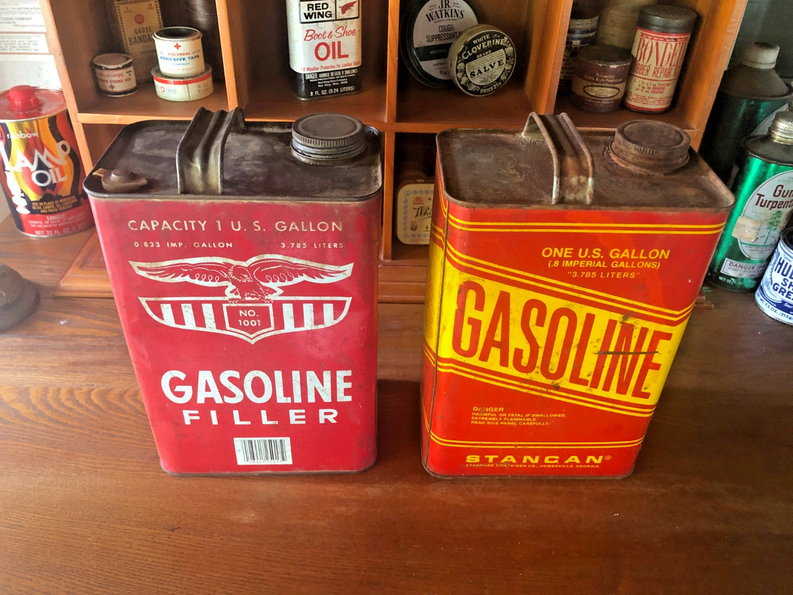 Lot of 2 Gas Cans Eagle No 1001 & Stancan Red Advertising Man Cave Garage Decor