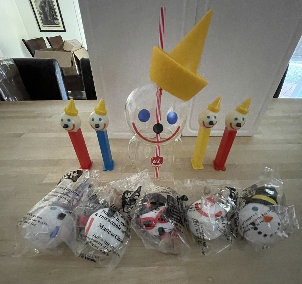 Jack In The Box Glass Sipper Cup w/ Straw plus Antenna Balls and Pez Dispensers