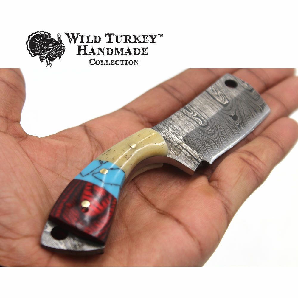 Wild Turkey Handmade Damascus Collection 5.5″ Mini Fixed Blade Clever w/ Sheath