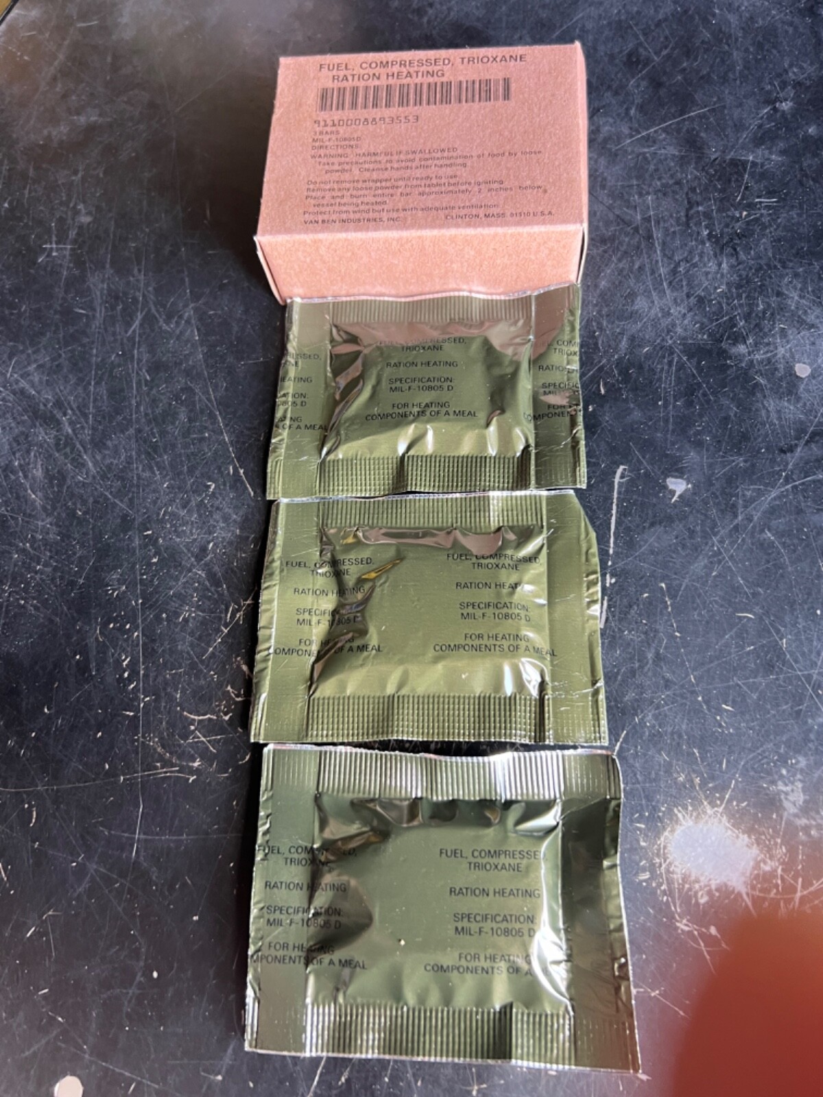 TRIOXANE MILITARY ISSUE LARGE COMPRESSED FUEL BARS – 1 BOXES, 3 BARS TOTAL- NIB