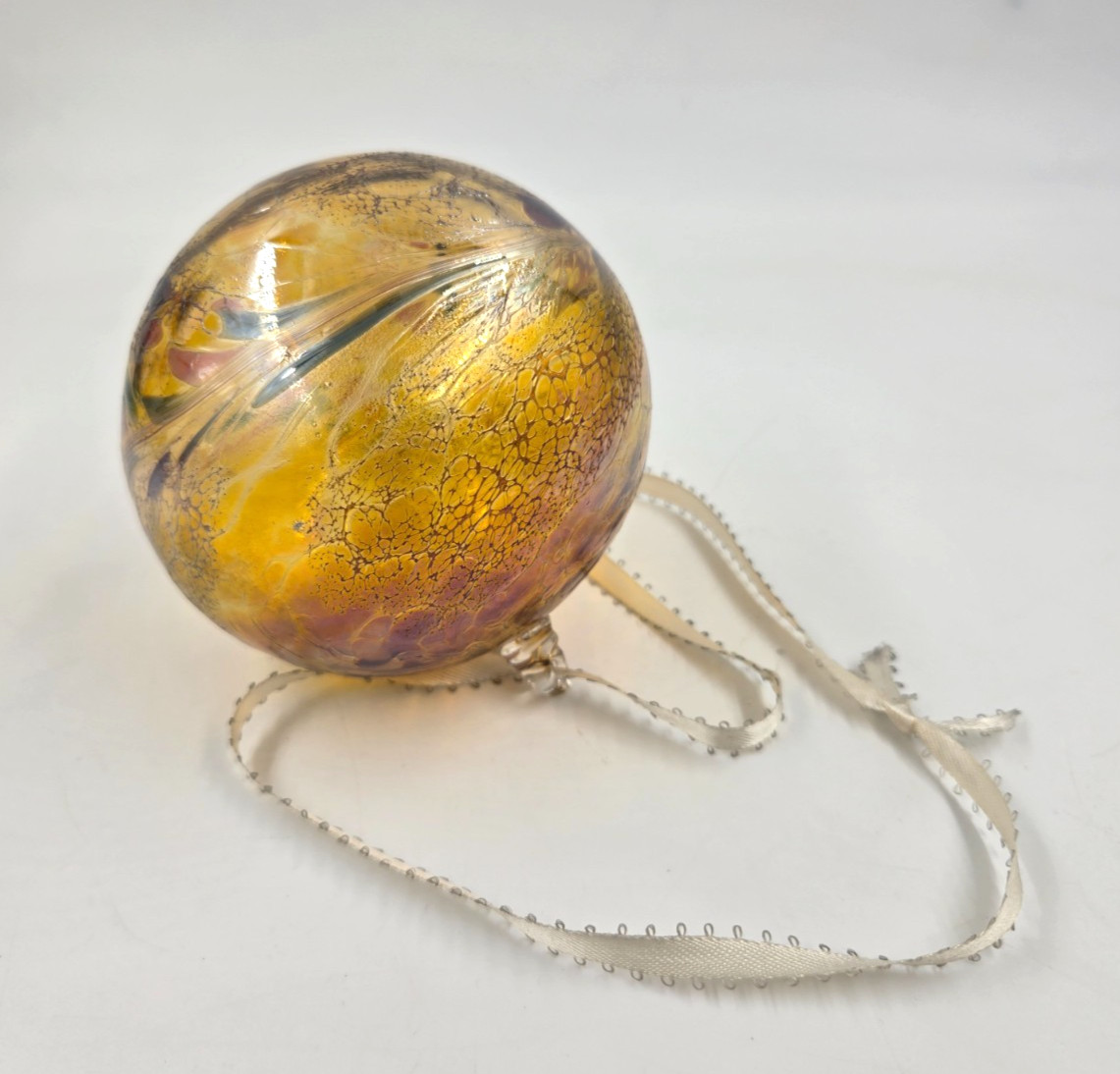 Hand Blown Art Glass Ornament Ball Gold Crackle Iridescent Swirl – Amazing