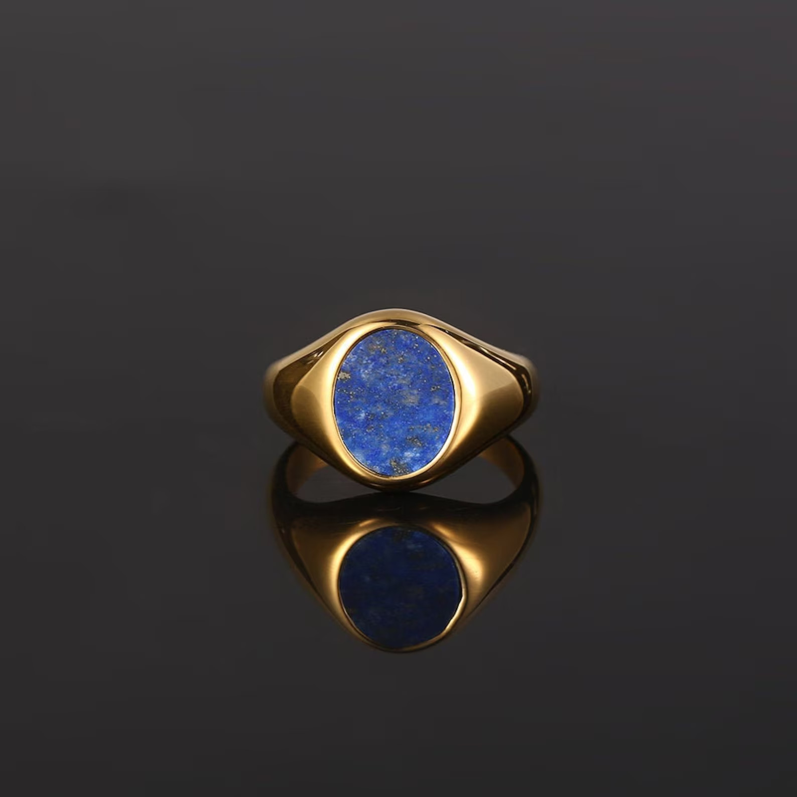 Men’s 18K Yellow Gold Over Oval Blue Lapis Lazuli Gemstone Pinky Signet Ring