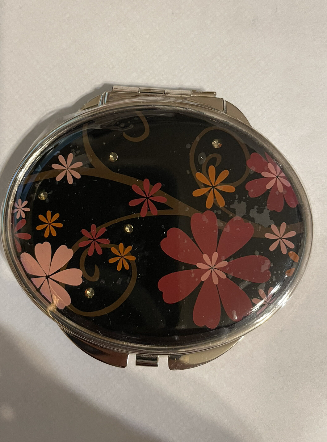 Retro Mod Black w/ Pink & Burgundy Flower Power Oval Mirror Compact