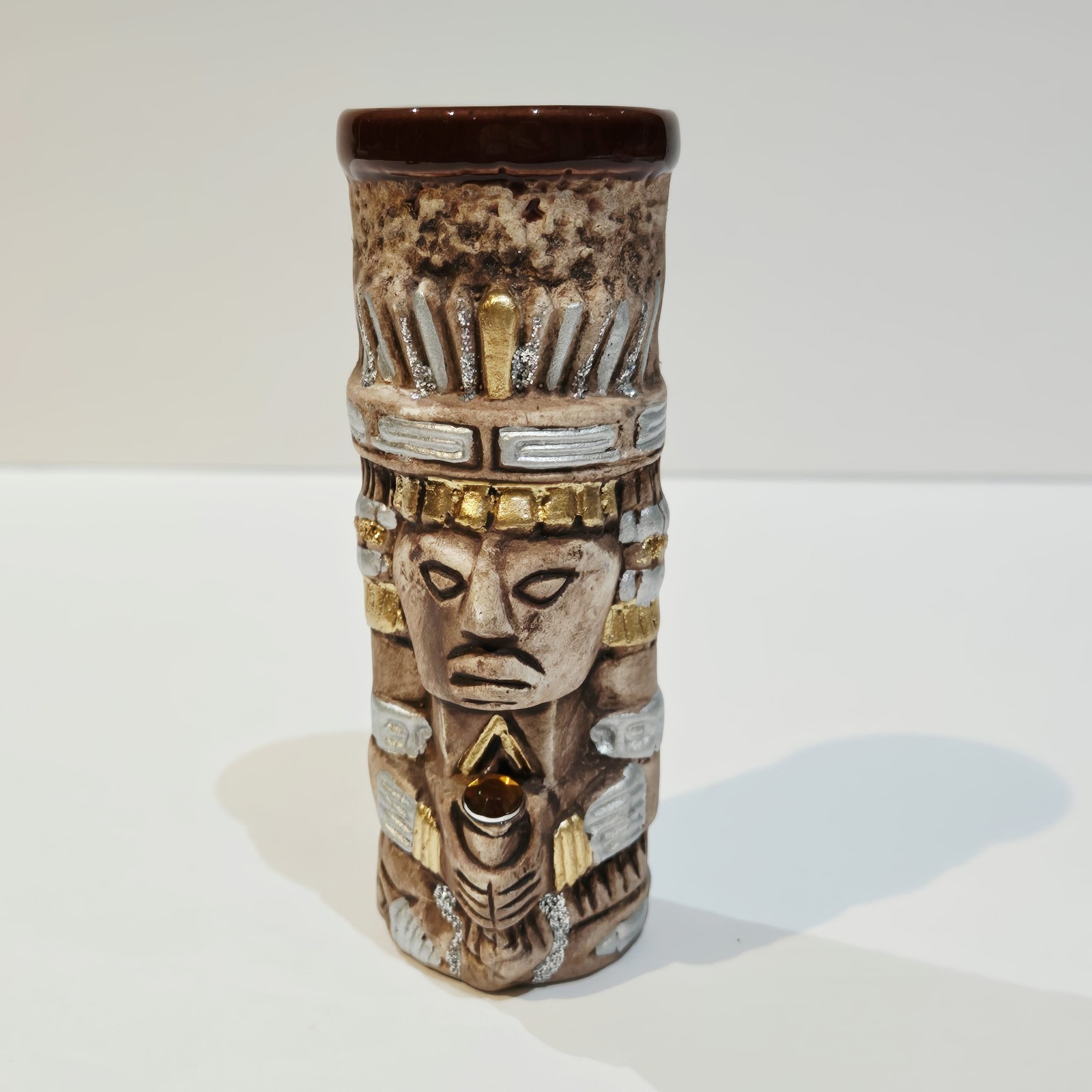 Tiki Shot Glass Hand Crafted Aztec Stone Brown Beige Gold Silver Glitter