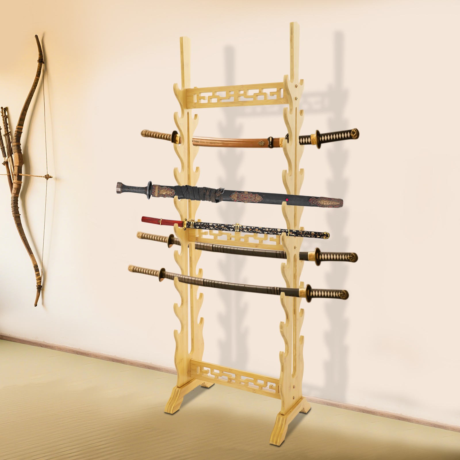 10-Tier Double-Sided Bamboo Sword Rack Display Stand for 20 Swords