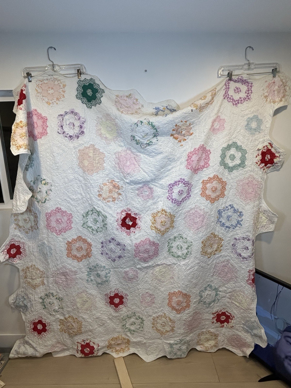 Vintage 30s 40s Grandmothers Flower Garden Quilt Top Colorful Mosaic