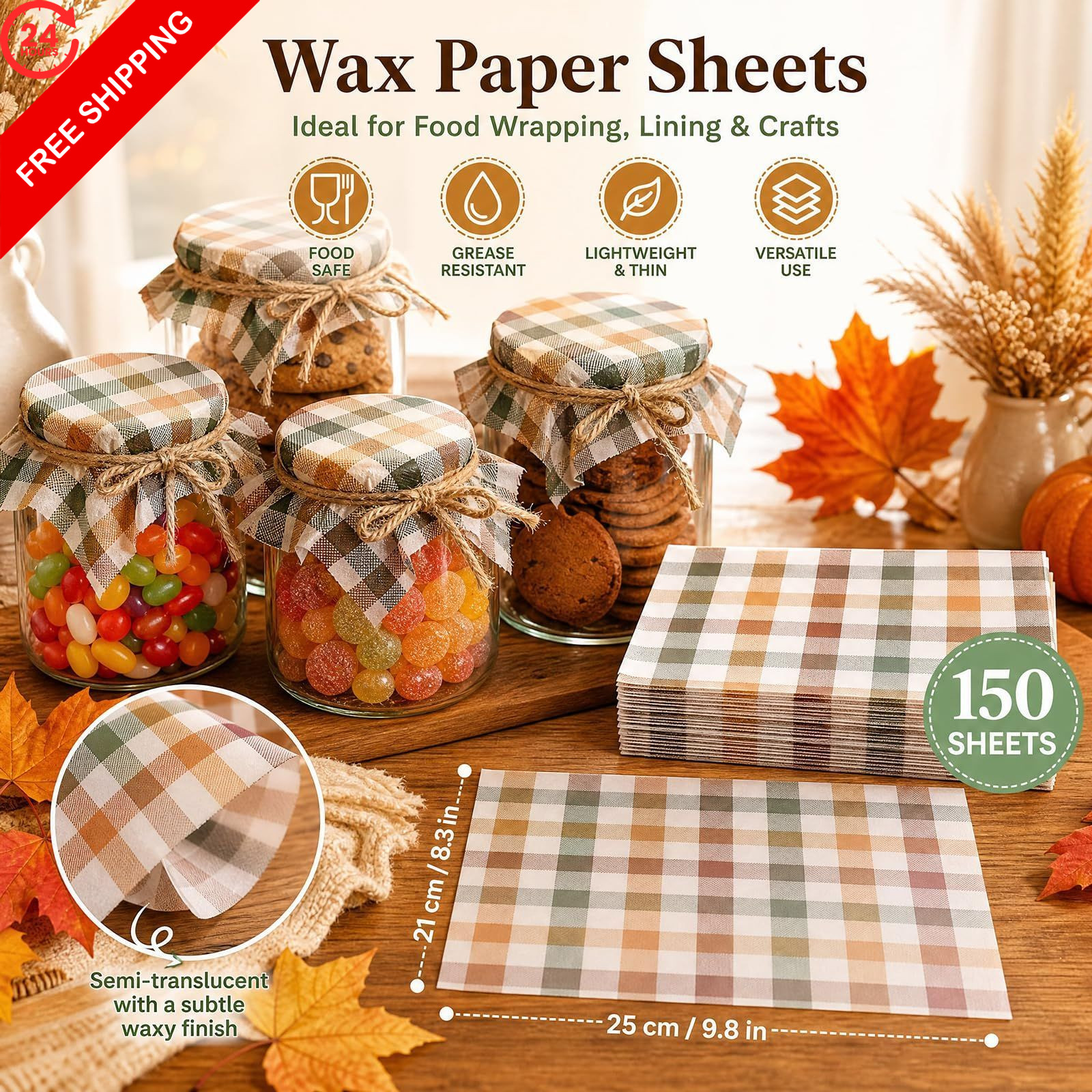 150 Sheets Fall Buffalo Plaids Wax Paper for Food Deli, 9.8 x 8.3 inch,