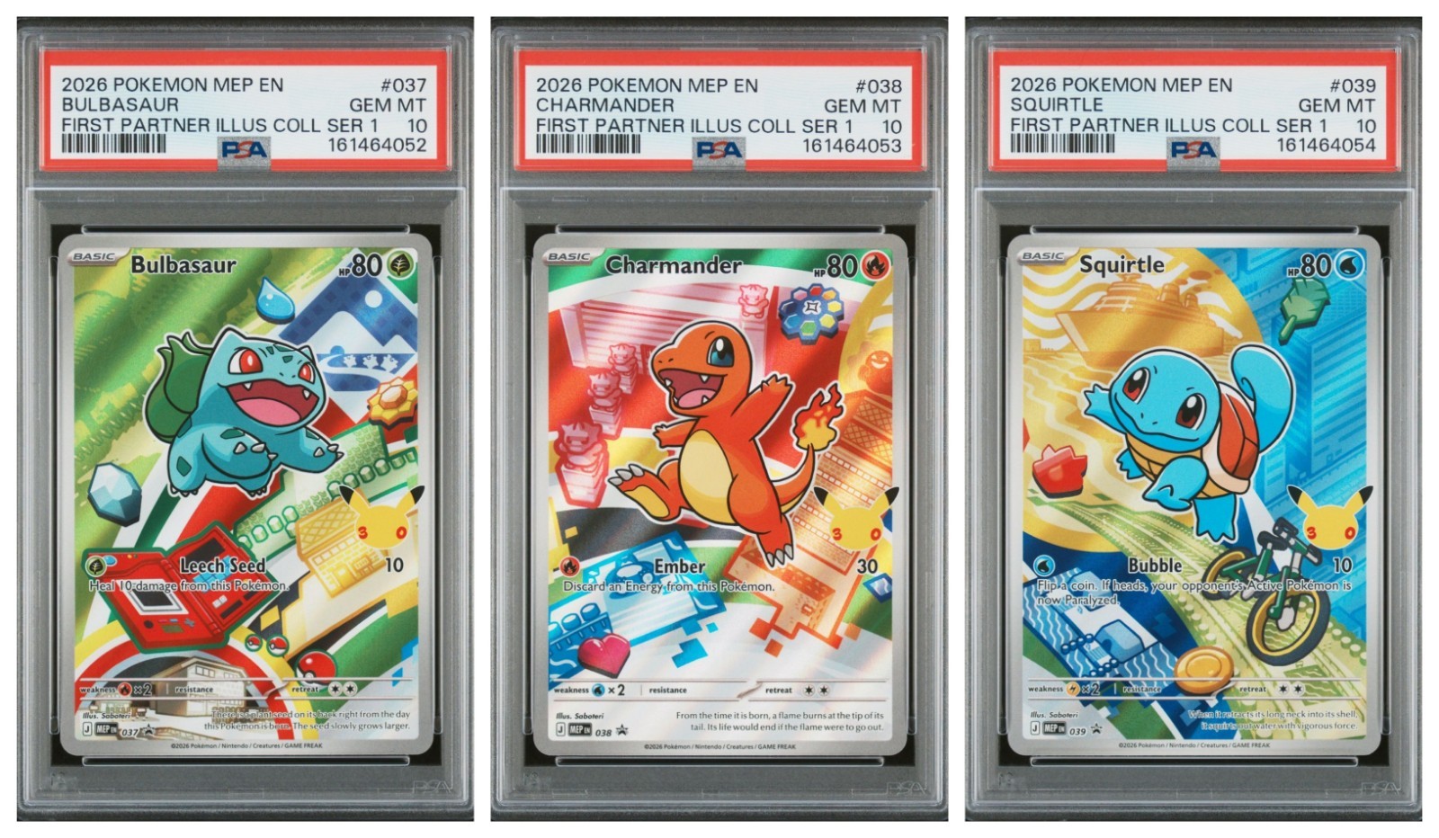 POKEMON FIRST PARTNER SERIES 1 BULBASAUR CHARMANDER SQUIRTLE – SEQUENTIAL PSA 10